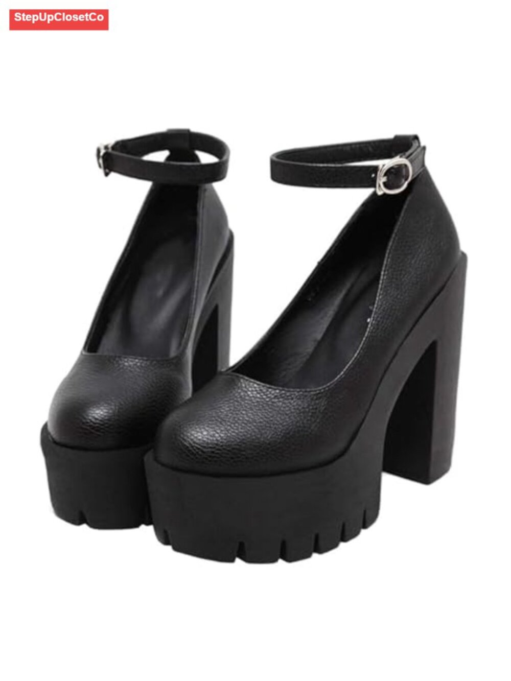 Chunky Platform Mary Jane Pumps Gothic Heels Block Heel Round Toe Ankle Strap